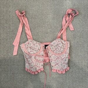 MAJORELLE Pink Lace Tie-Front Bustier Crop Top